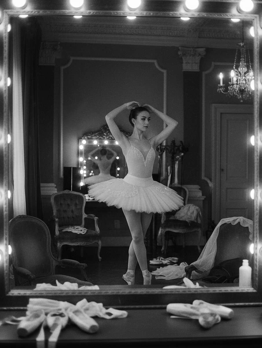 Ballerina extending into an arabesque toward a mirror, reflection creating an echo of the pose and adding depth