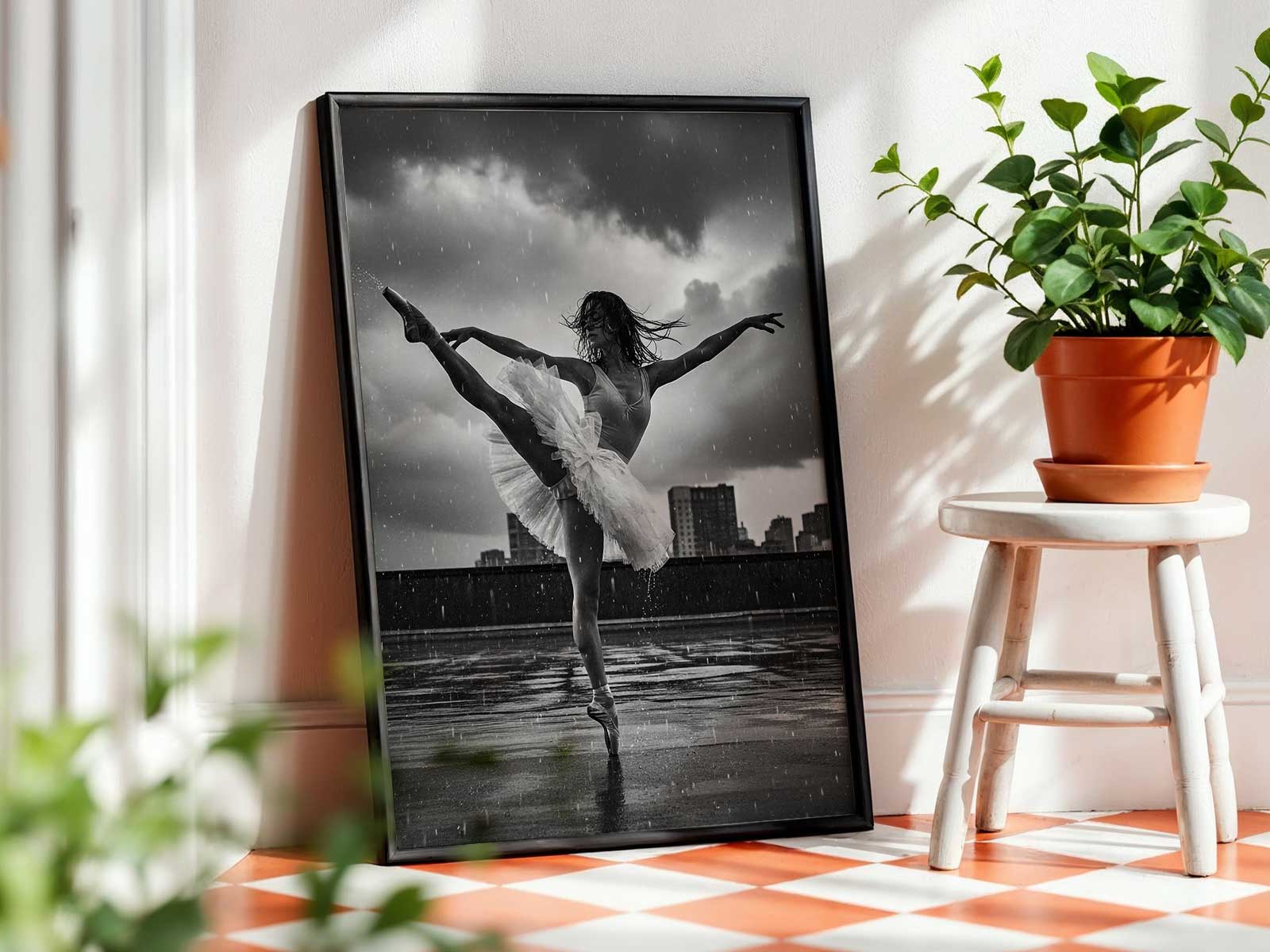 Ballerina poised on an empty arched bridge, mist and wet stone reflecting distant lights