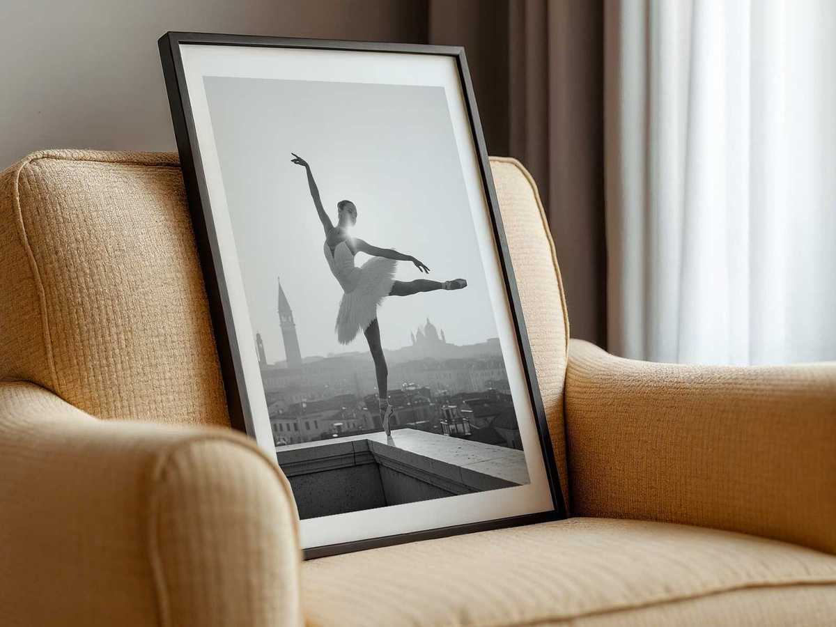 Ballerina framed by an arched window with leaded glass, light spilling across a textured paper surface