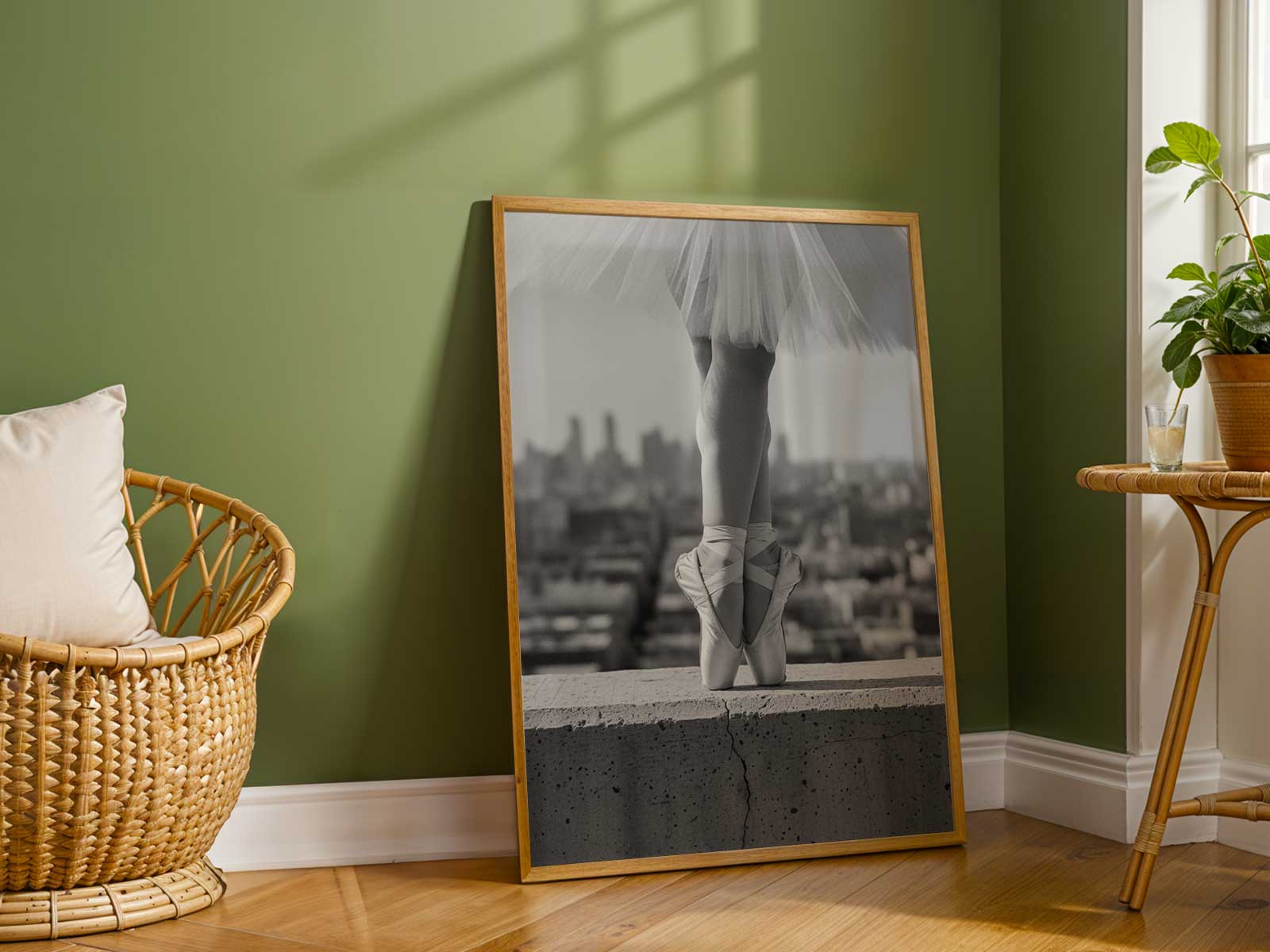 Black-and-white image of a ballerina forming an arc with her arms, the negative space around her creating a cinematic…