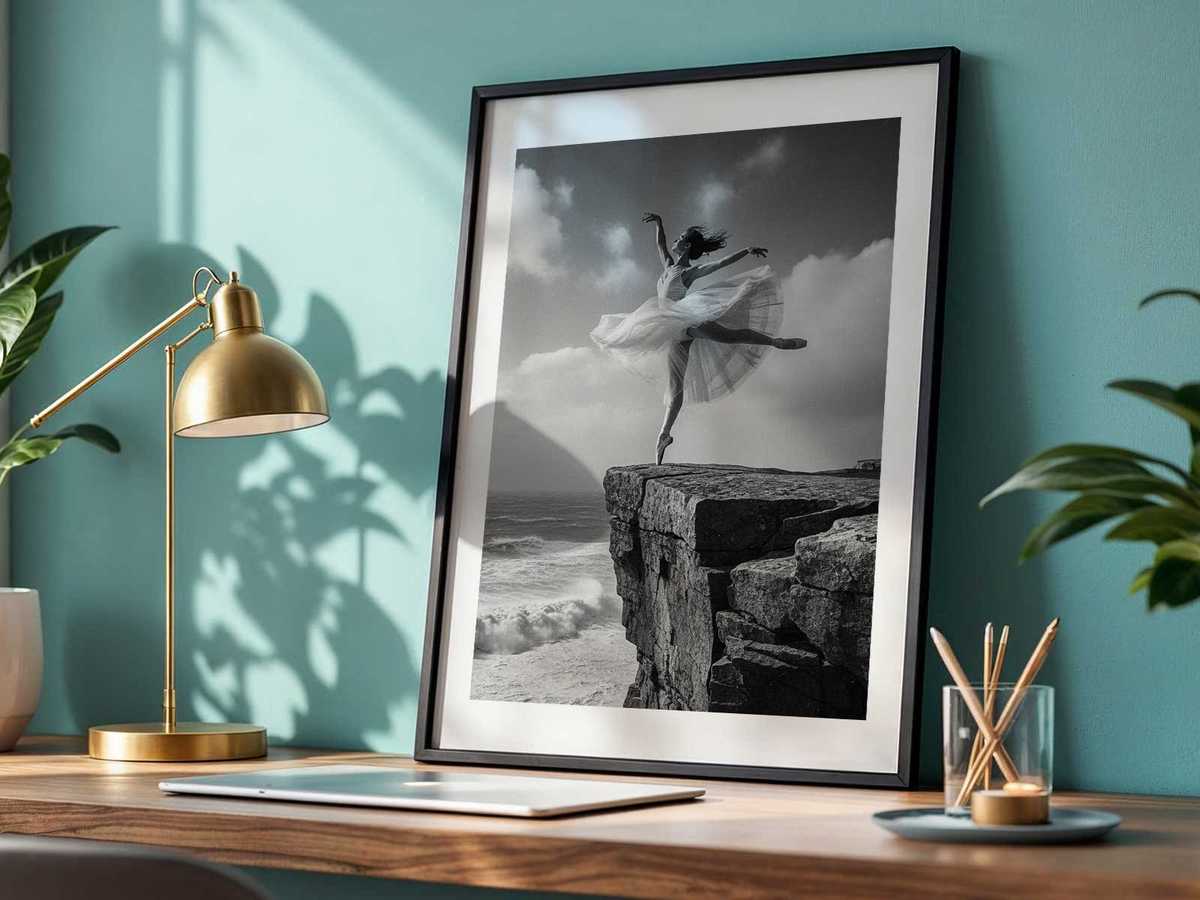 Backlit ballerina standing over a precipice at golden hour, light outlining her figure and casting long shadows on rock