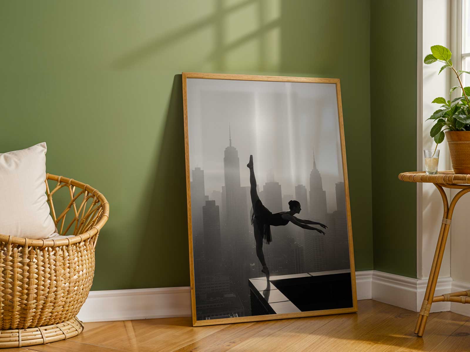 Backlit ballerina with light tracing the edges of her form, emphasizing the sharp silhouette and deliberate posture against…