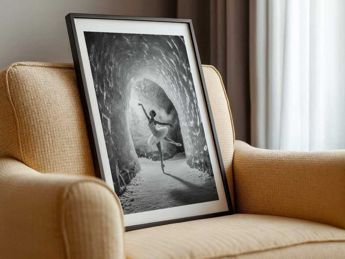 Reflection of a dancer through a translucent winter veil with soft light and frosty tones backstage