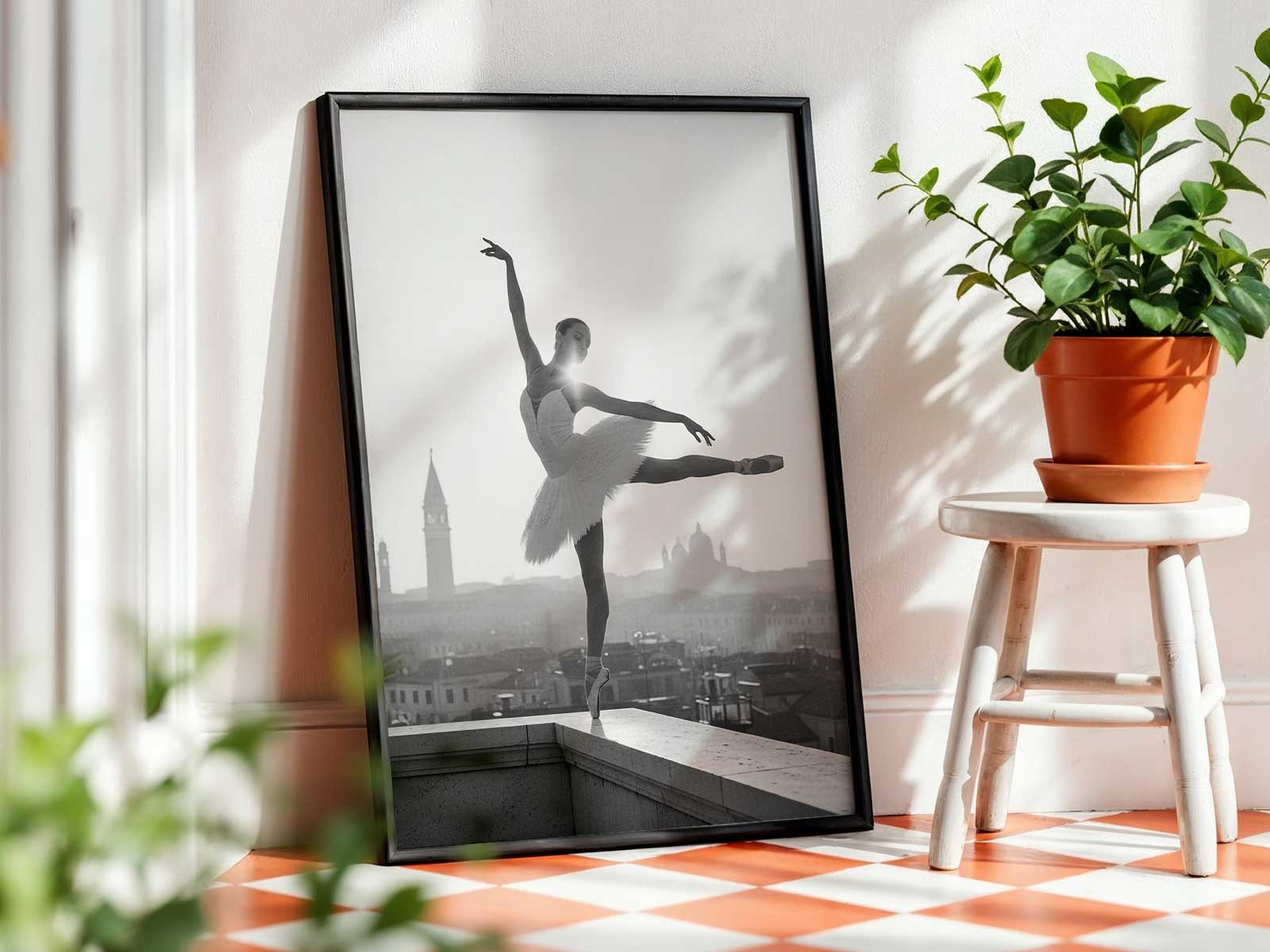 Intimate balcony pas de deux with lovers in simpler, lighter dress against a darker urban backdrop