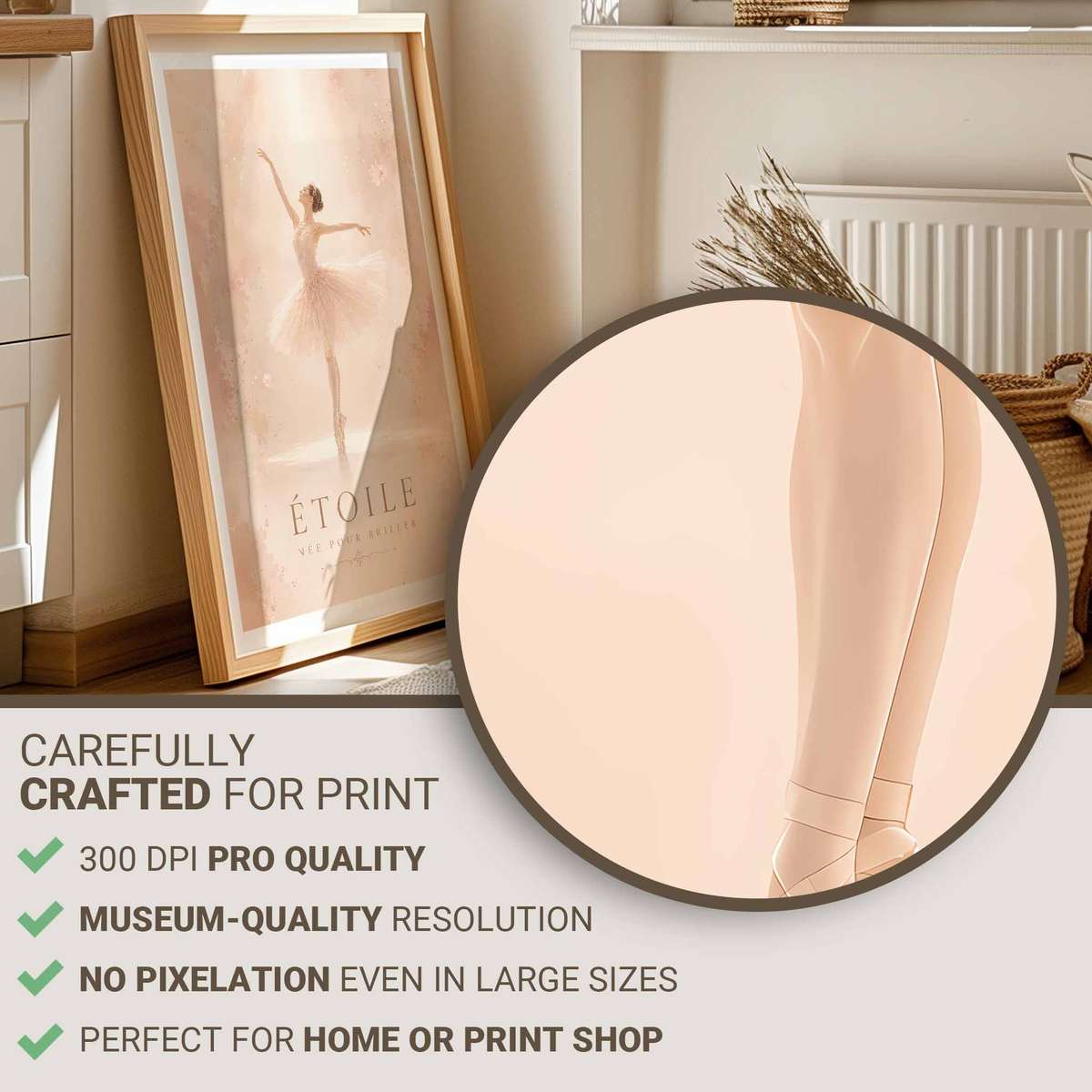 Ballerina Art decorative print featuring fluid motion and an intimate performance mood for ballet lovers with French text