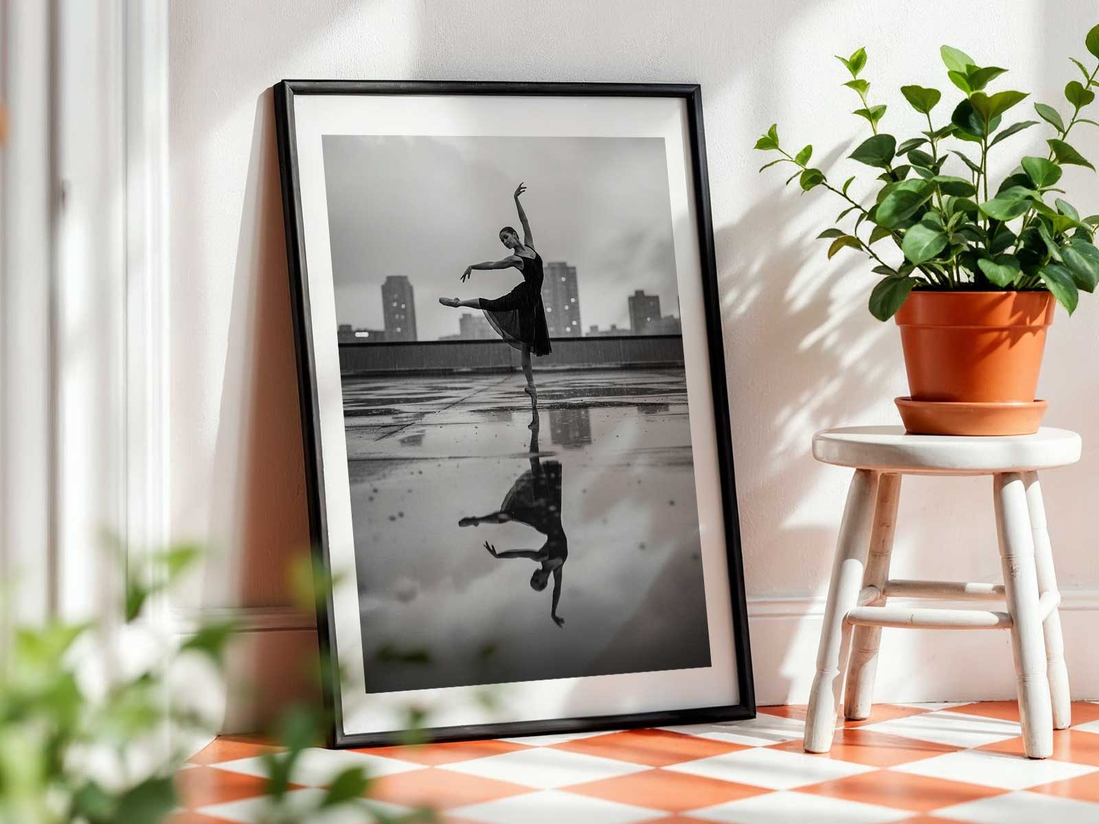 Ballerina poised on tiptoe against a soft urban skyline at dusk, emphasizing clean lines and lifted head