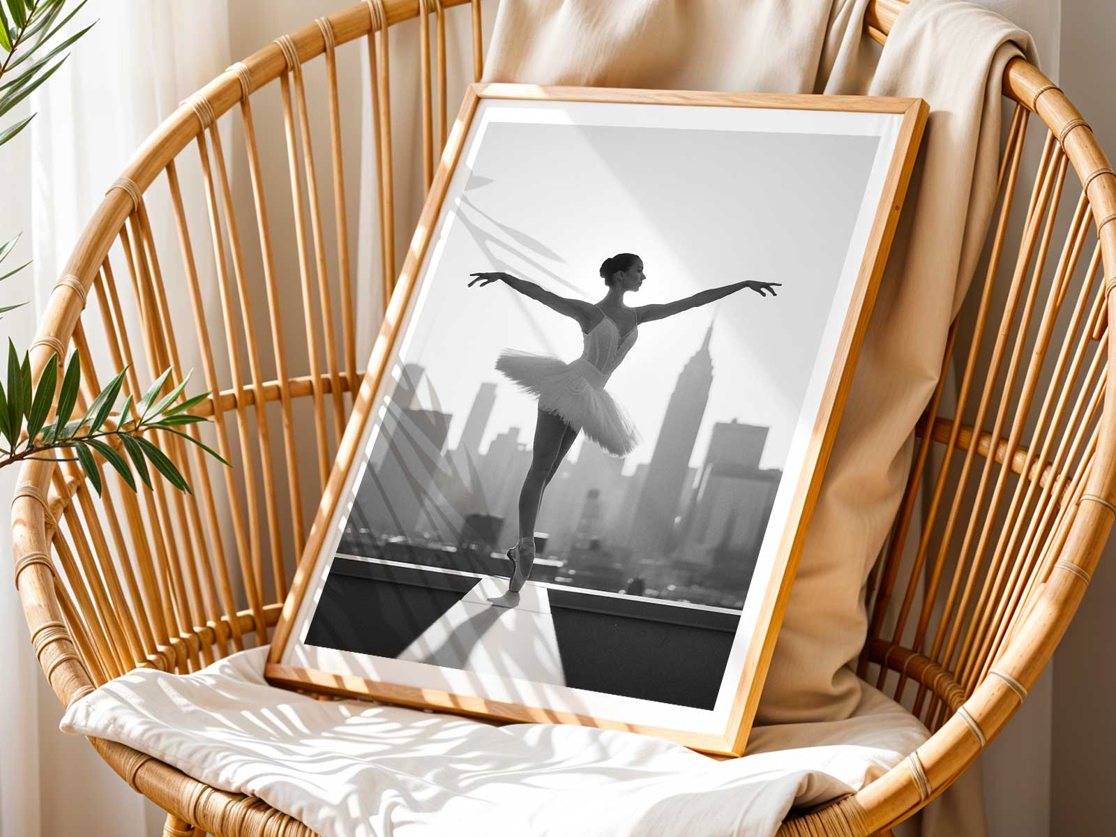 Side profile of a ballerina highlighting an extended arm and elongated neck for elegant line