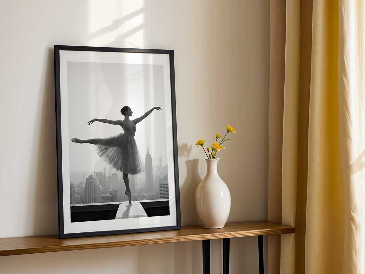 Minimalist portrait of a ballerina embodying quiet presence and refined posture against a soft background