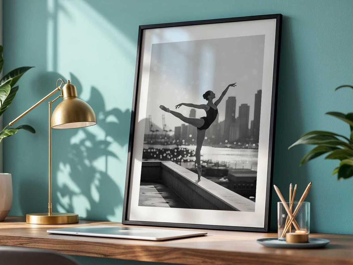 Silhouette of a ballerina en pointe set against the outline of a harbour crane at dusk, the light suggesting memory and the…