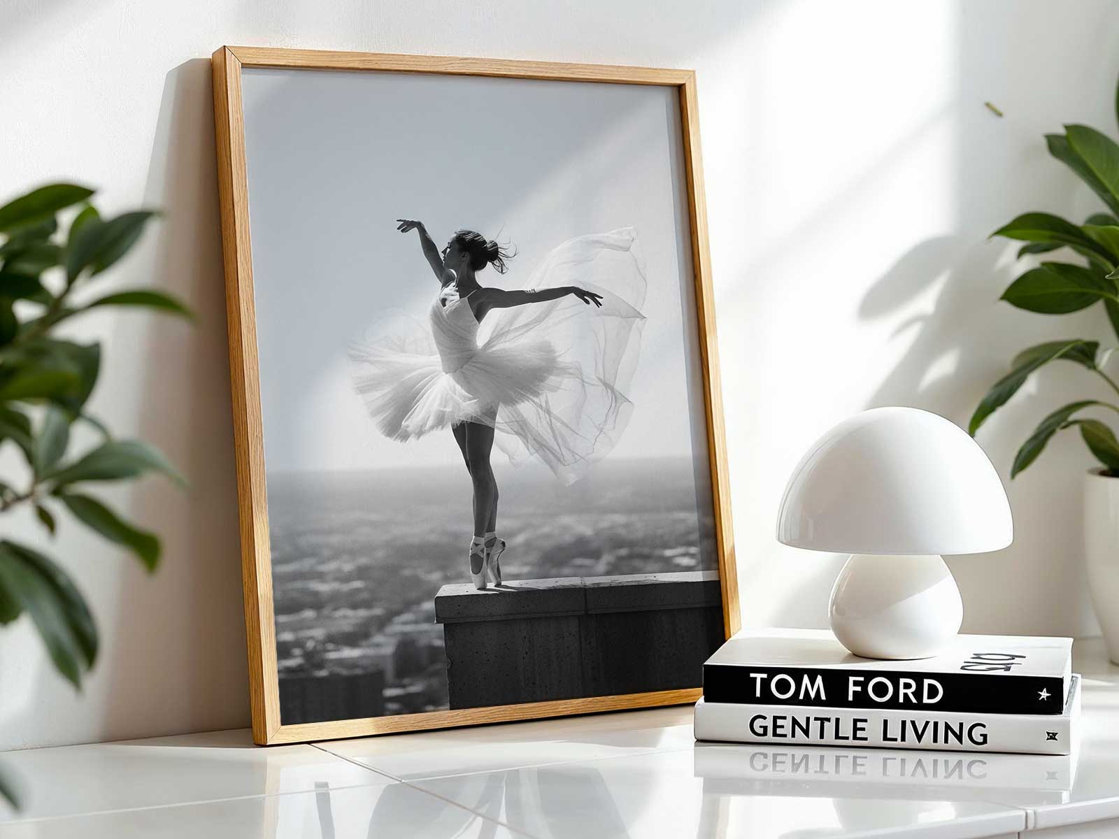 Silhouette of a ballerina poised on a rooftop against a glowing night city skyline