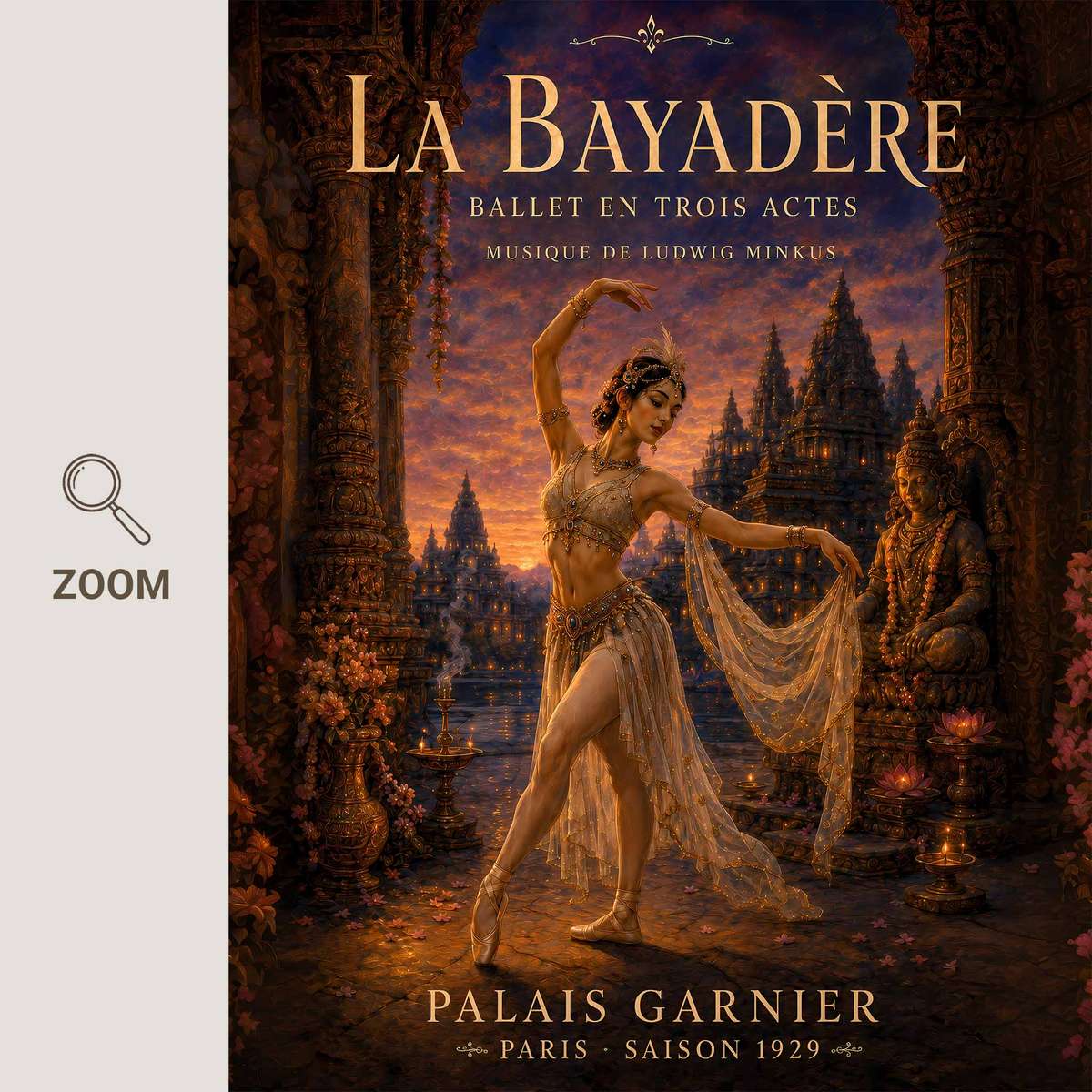 Artistic view of Ballerina showing classical stage character and delicate visual rhythm inspired by vintage french text la bayadere ballet for gallery wall decor with French text