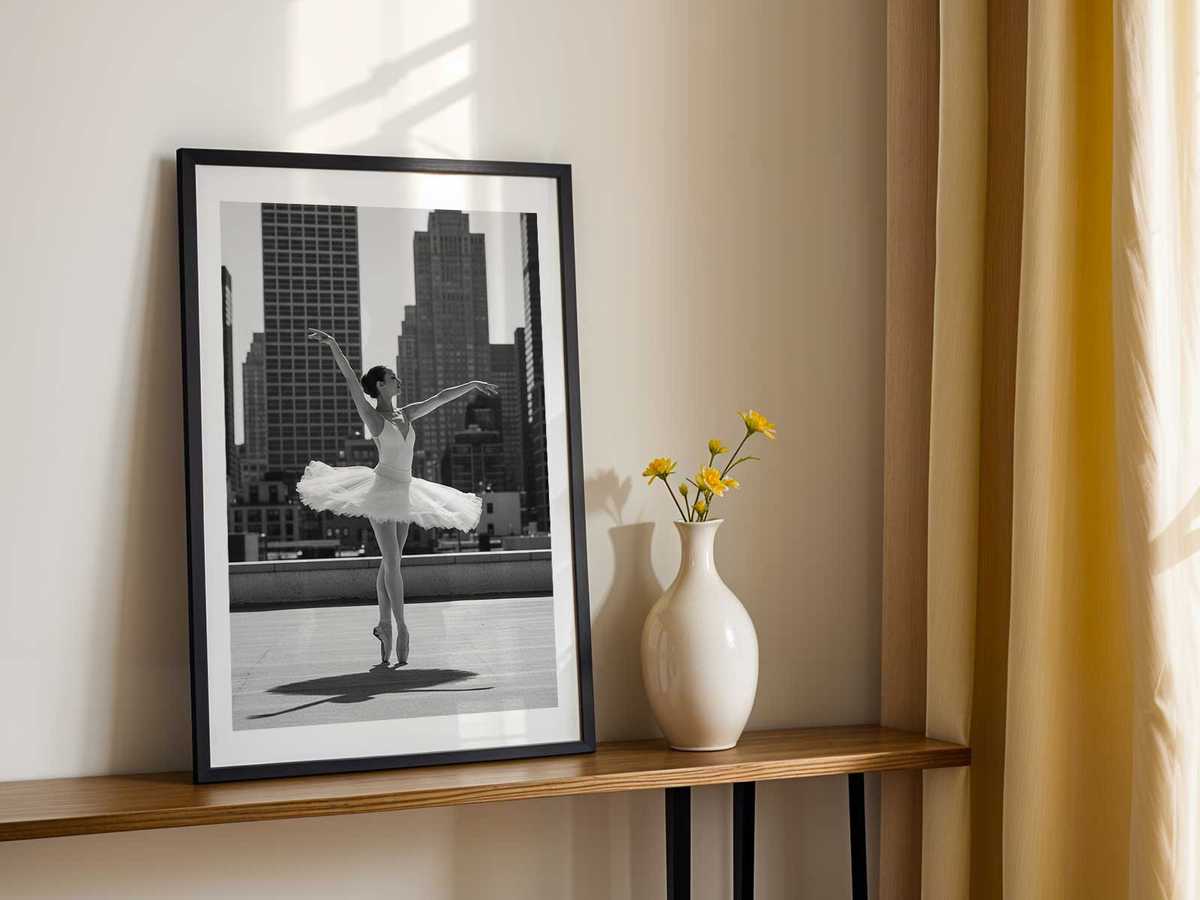 Minimalist silhouette of a ballerina emphasizing neck extension and the gentle sweep of the arms