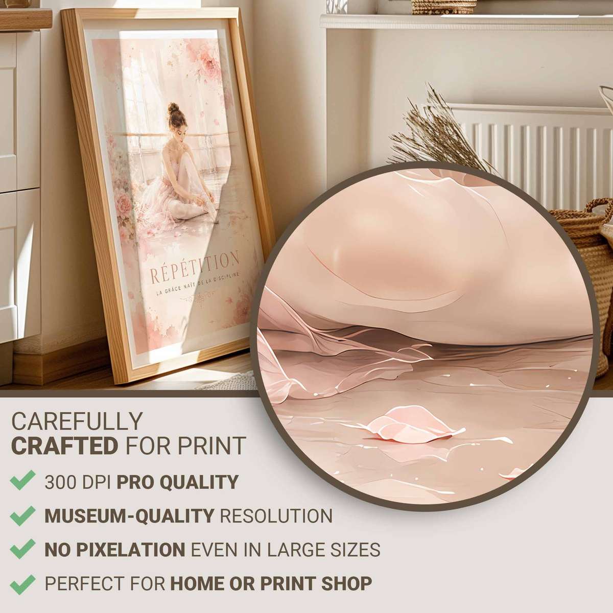Ballet Dancer decorative print featuring fluid motion and an intimate performance mood for classical art admirers with French text