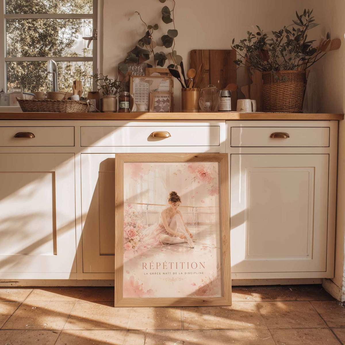 Vintage Ballet Dancer poster featuring rehearsal-inspired details and graceful silhouettes inspired by vintage french text ballerina art with French text