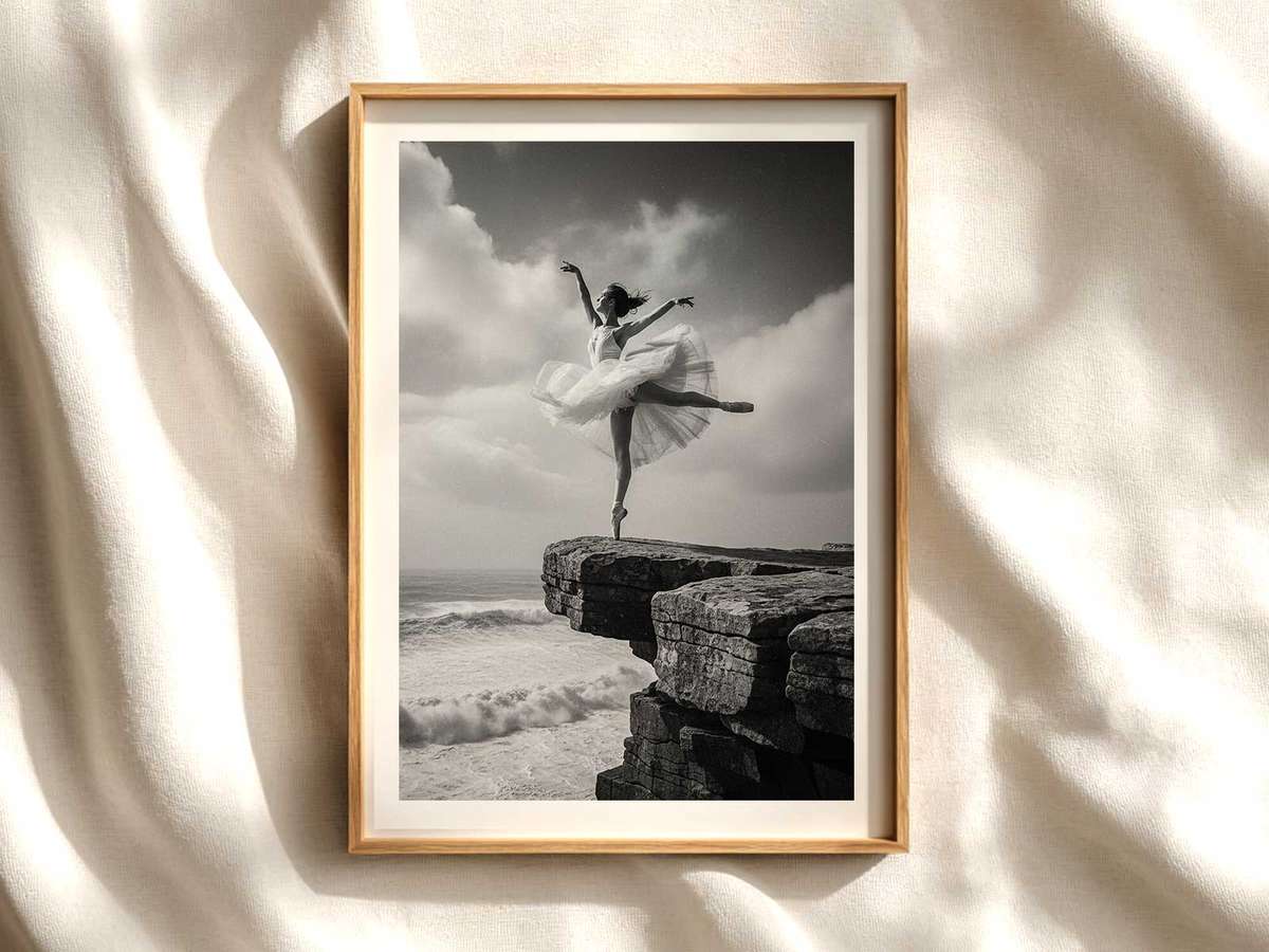 Ballerina Silhouette on Cliff Edge ballet poster shown as refined dance wall art