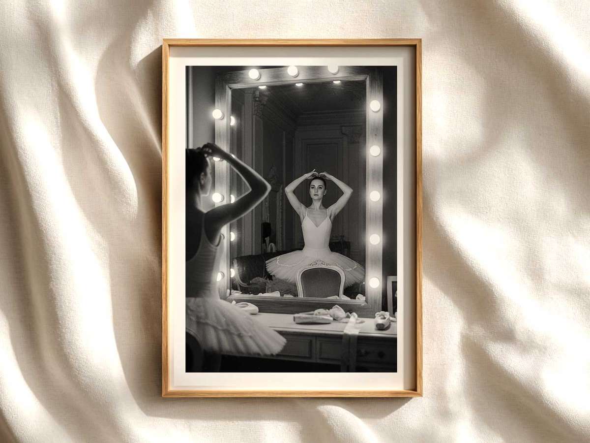 Ballerina practicing a plie in front of a studio mirror, her reflection aligned and soft light emphasizing muscle tone and…