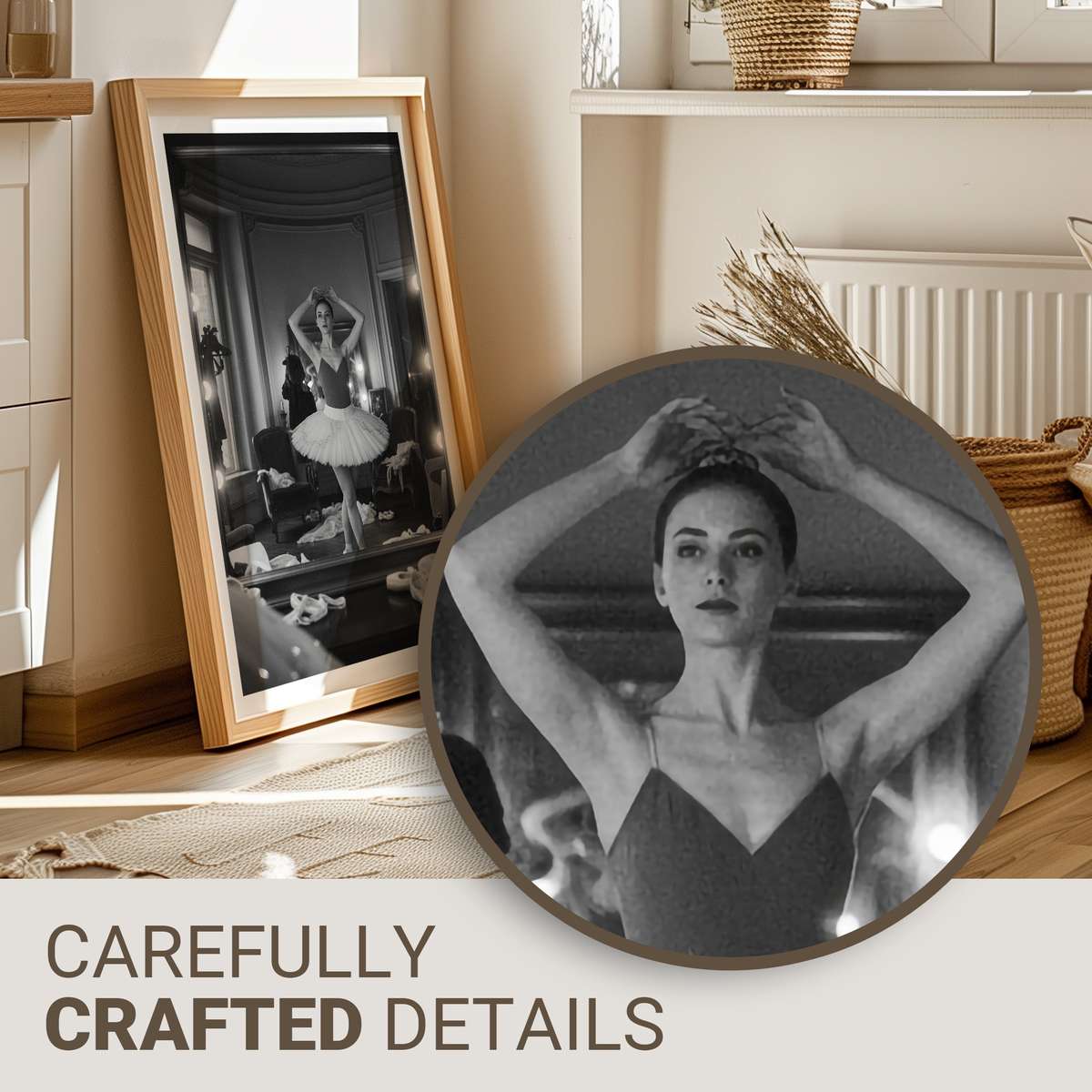 Ballerina performing a plié facing a studio mirror, her reflection aligning to create a doubled line