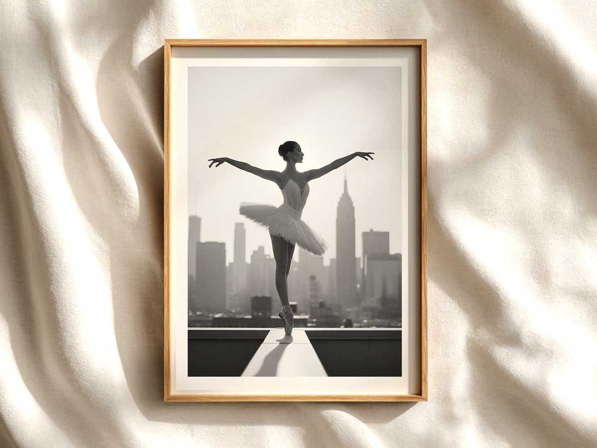 Ballerina Silhouette on Urban Horizon ballet poster shown as refined dance wall art