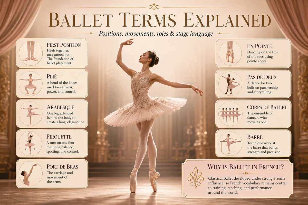 Illustration showing the five classical ballet foot positions with a dancer's feet and leg alignment