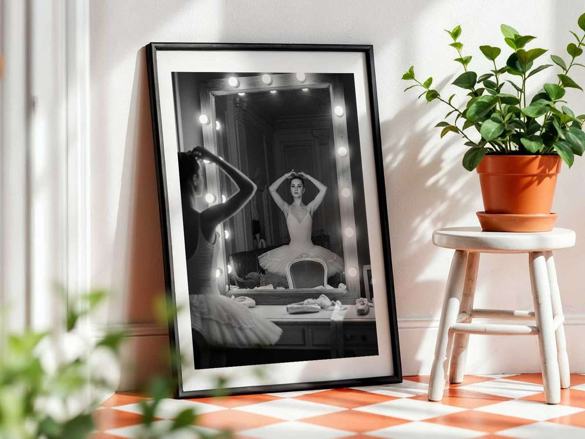 Sequence shot of a dancer at the barre seen through a mirror, each frame-like position revealing micro-adjustments and…