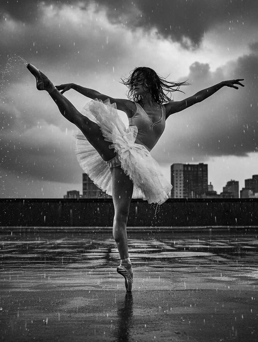 Two dancers under a shared umbrella, silhouettes outlined by backlit rain and misty architecture