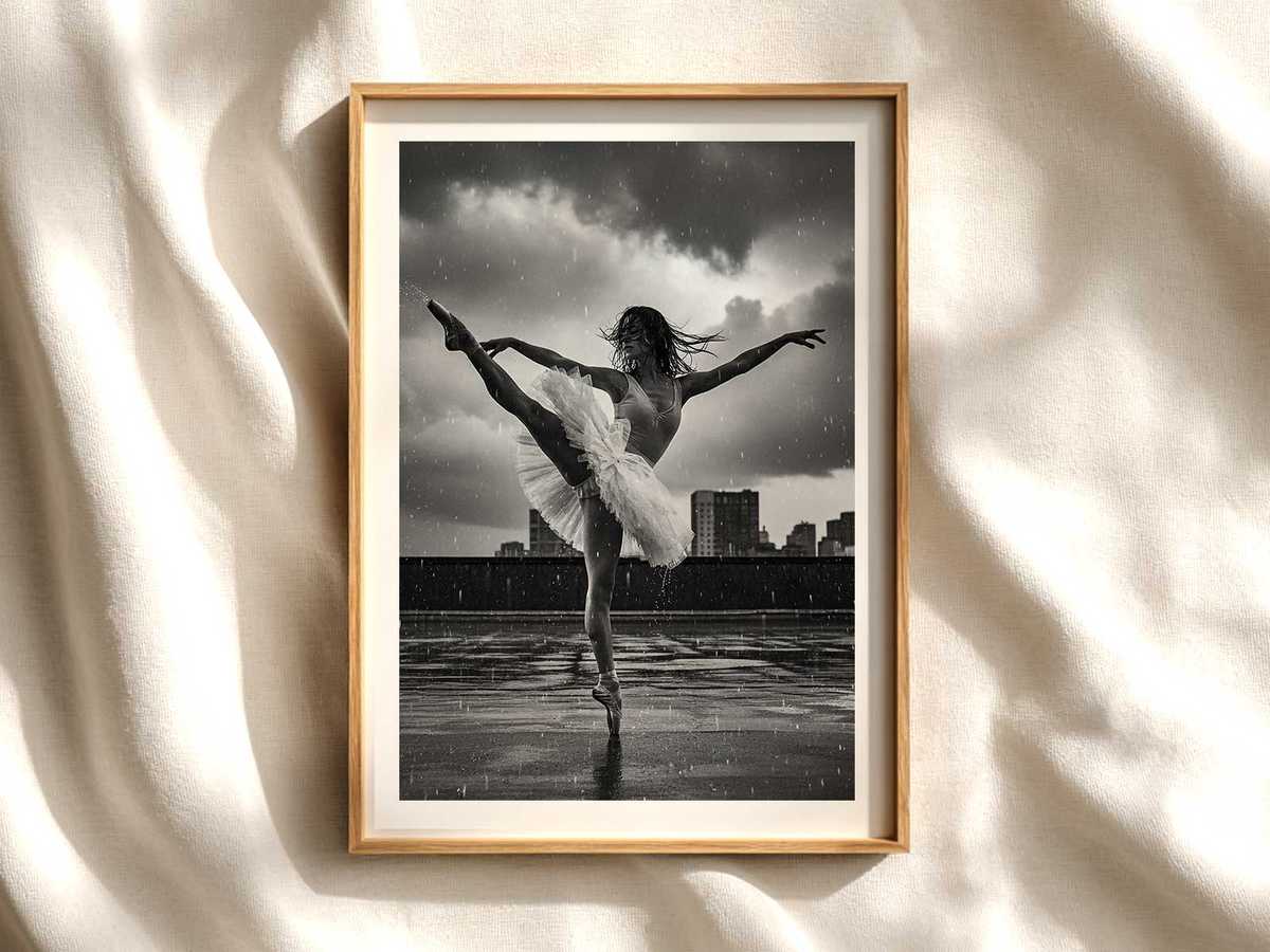 Solo ballerina in a wet urban plaza, tutu soaked, reflected in a rain puddle under soft streetlight