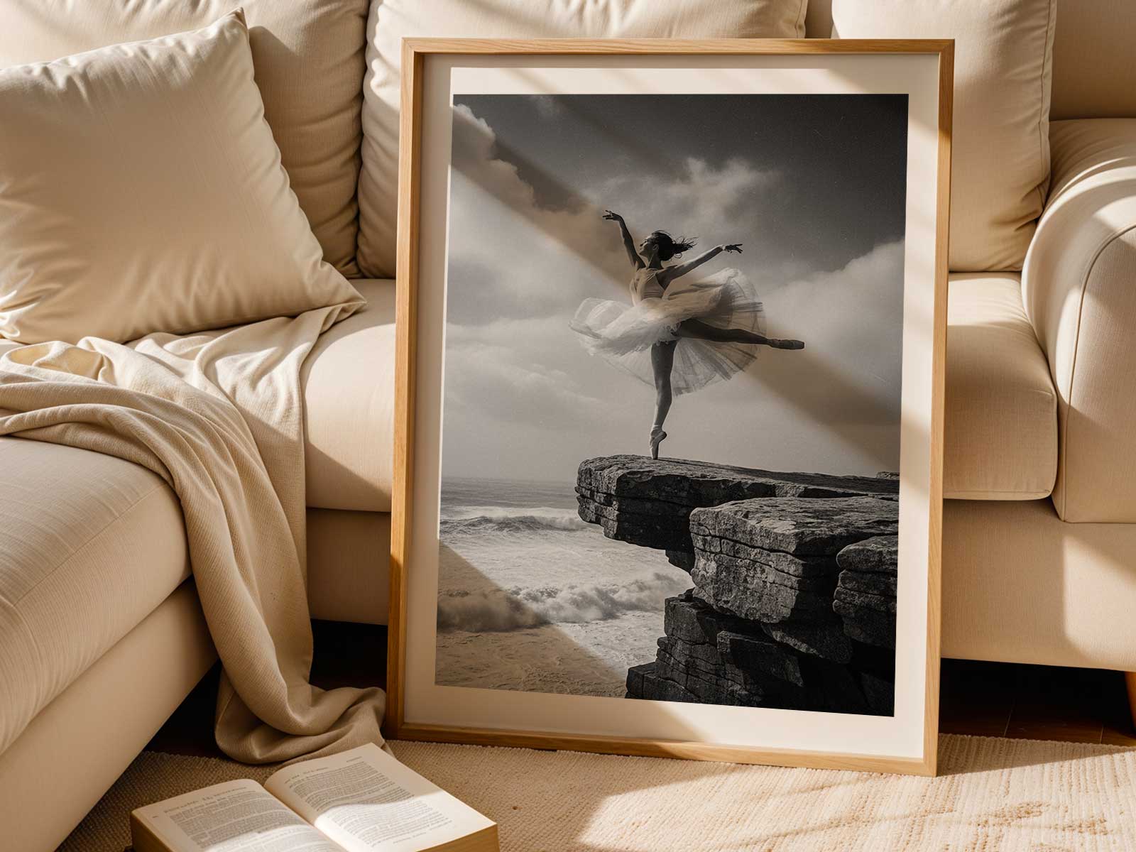 Monochrome portrait of a black ballerina in profile with soft archival paper texture