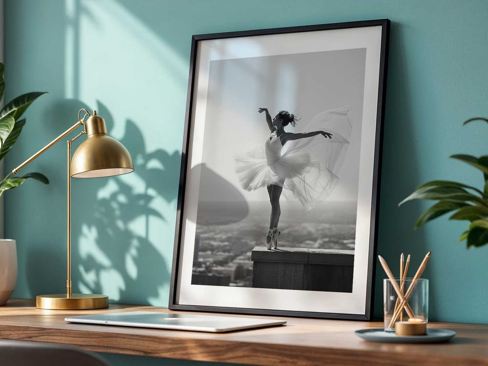 A dancer in a striking black tutu and sharp posture making a dramatic entrance as the Black Swan, conveying seduction and…