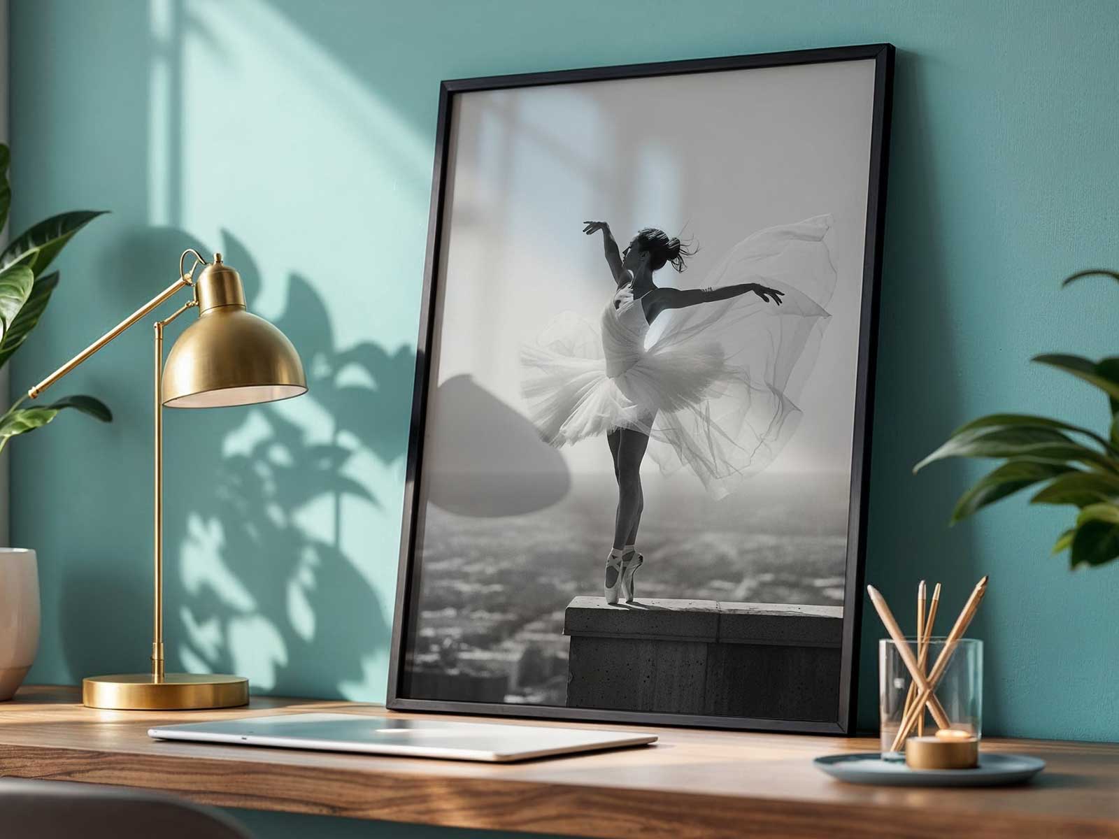 Ballerina silhouette centered under illuminated bridge arches with the city skyline beyond