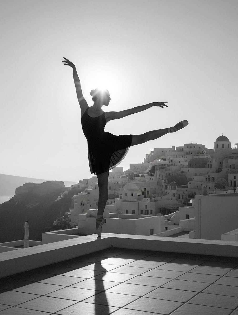 Dancer captured mid-turn among sunlit Greek ruins with a vintage-inspired color palette