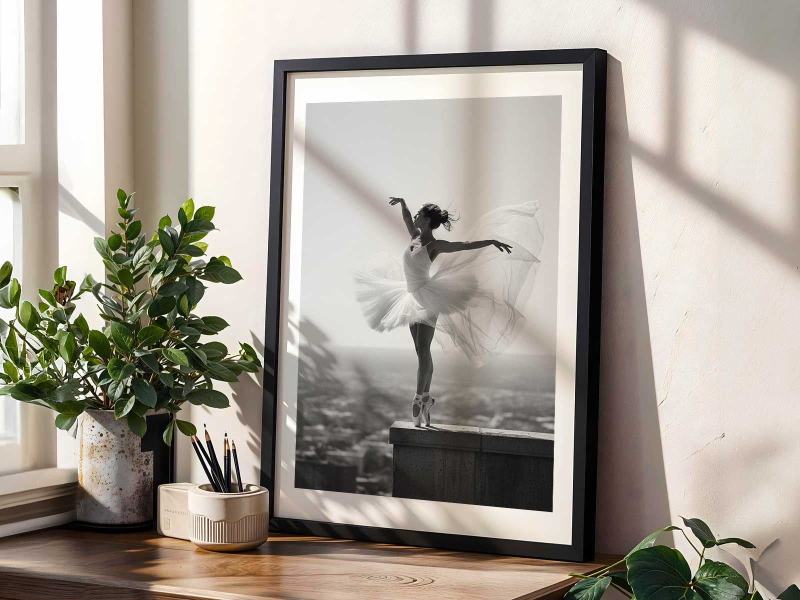 Wide-shot of a deep plie held at center stage, silhouette forming a compact but powerful geometry against muted backdrop