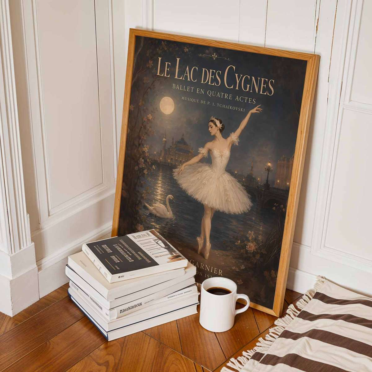 Artistic view of Swan Lake showing classical stage character and delicate visual rhythm for dancer's bedroom decor with French text