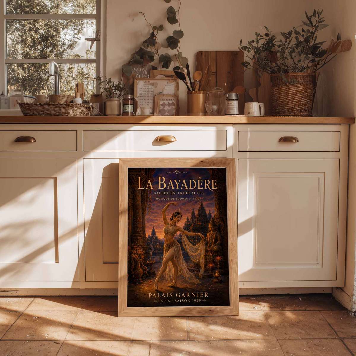 Ballerina shown in a elegant composition showcasing rehearsal-inspired details and graceful silhouettes with French text