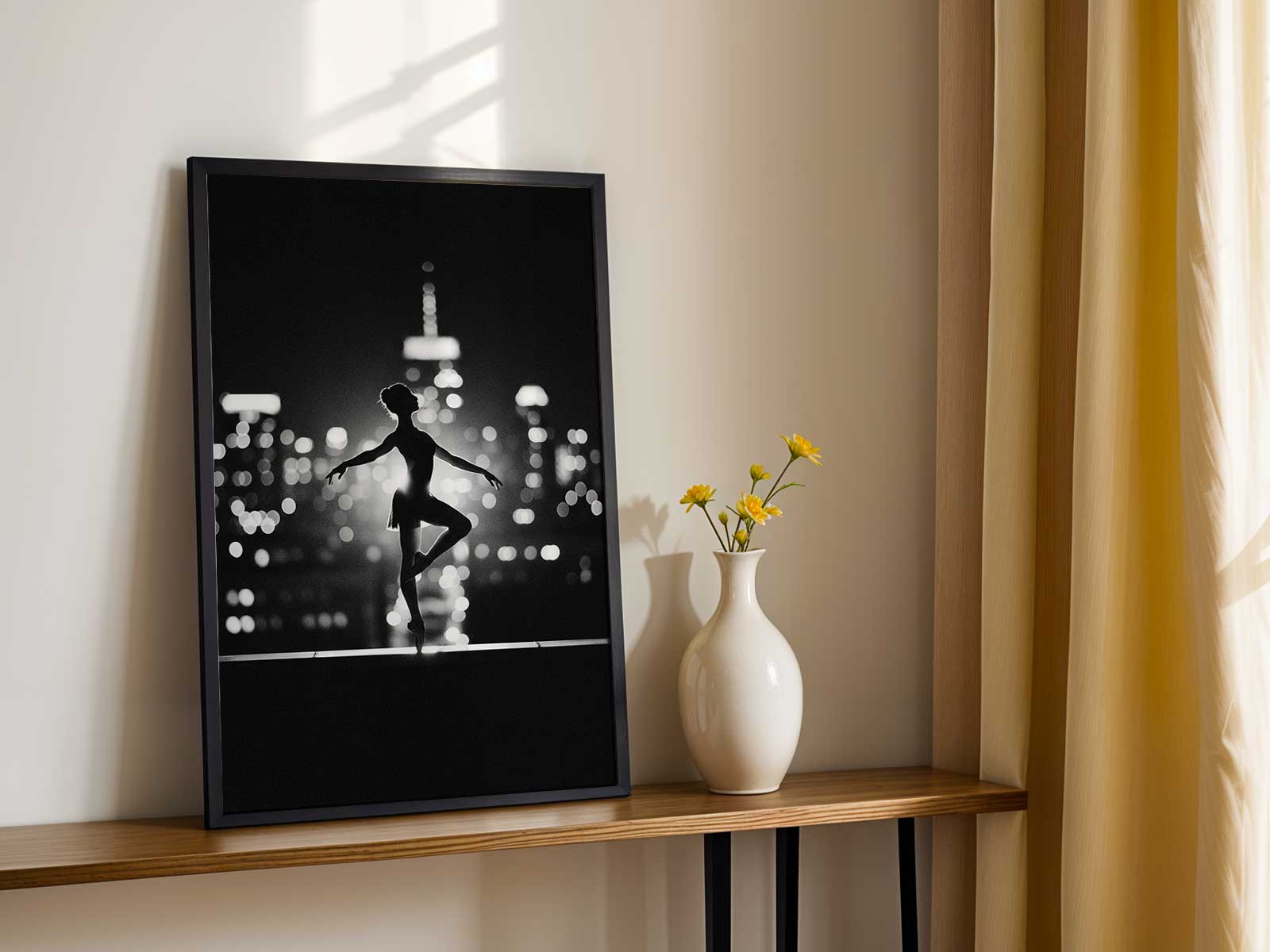 Ballerina in a classical tutu centered on a minimalist backdrop, tutu lines balancing the composition with quiet authority