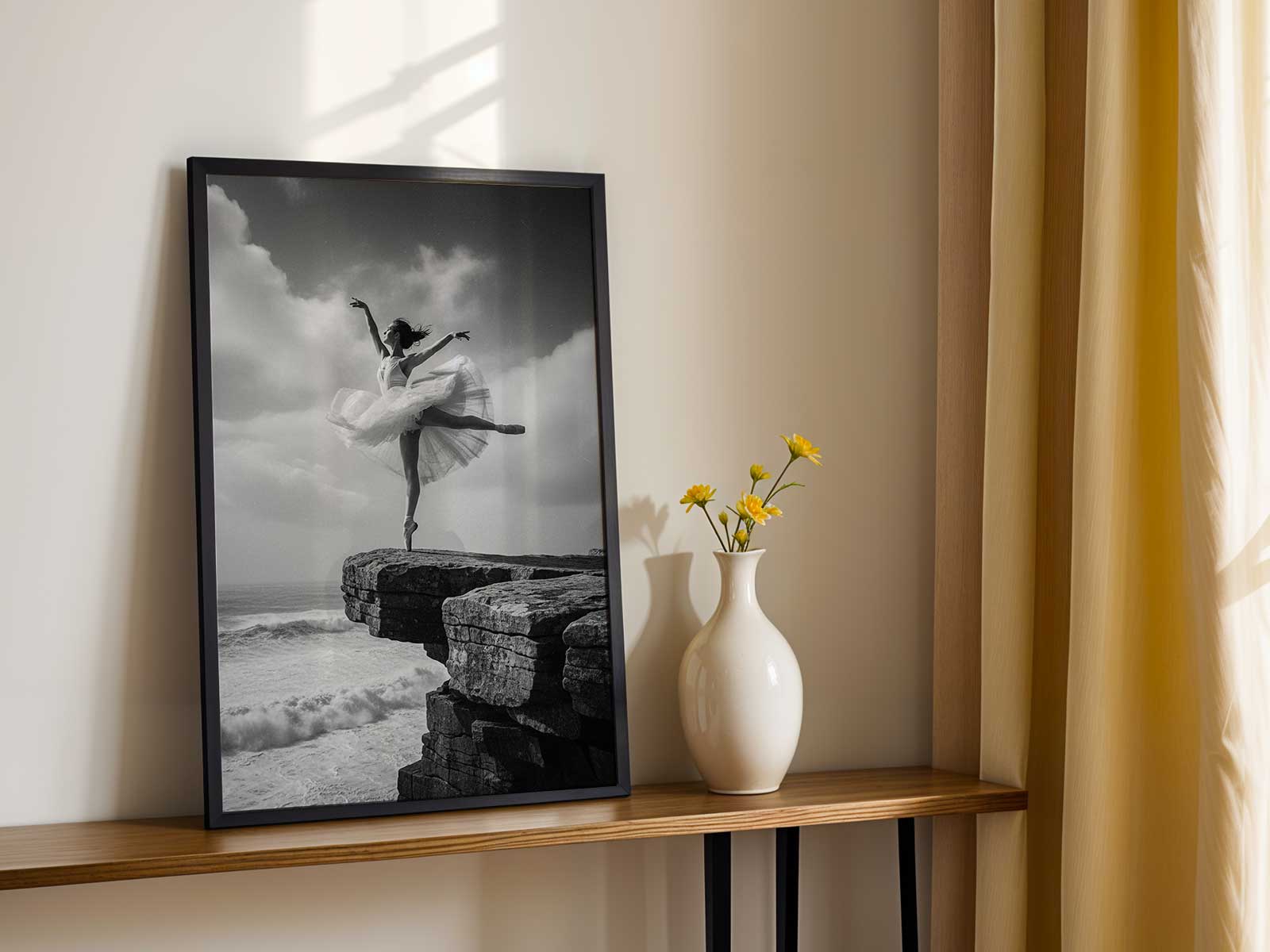 Ballerina mid grand jeté over a coastal cliff, movement frozen above crashing waves