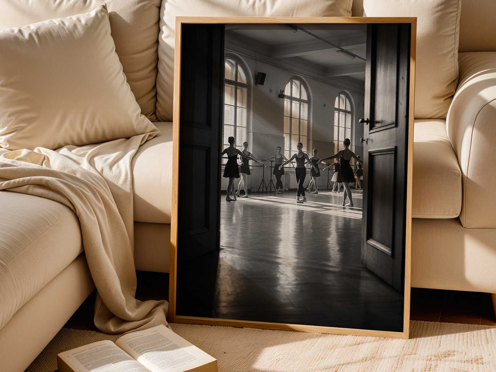 Close-up of a ballerina's pointe shoes and feet rendered in monochrome with archival paper feel