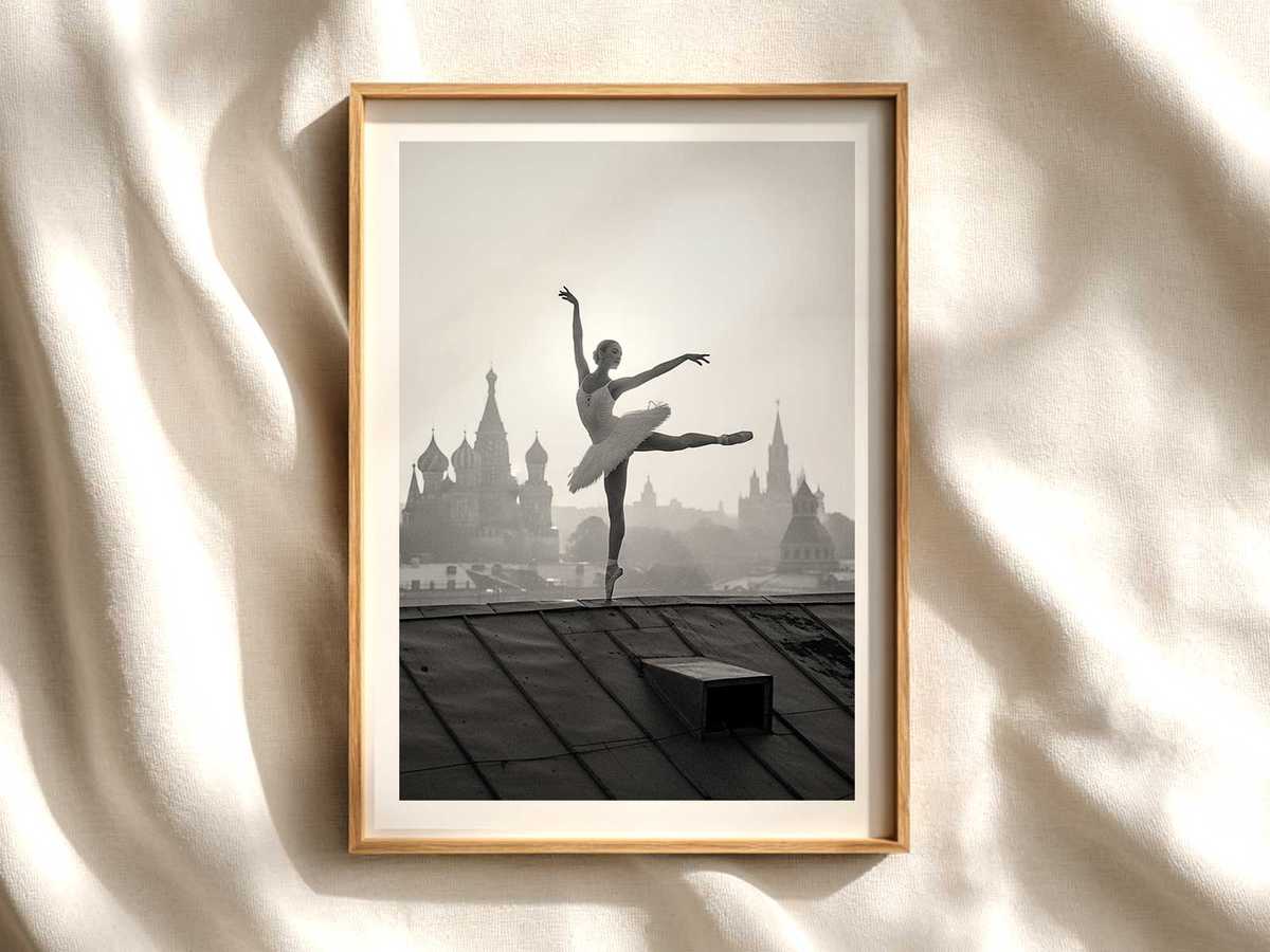 Ballerina in a soft, desaturated palette posed on a dim theater stage suggesting Moscow’s classical heritage