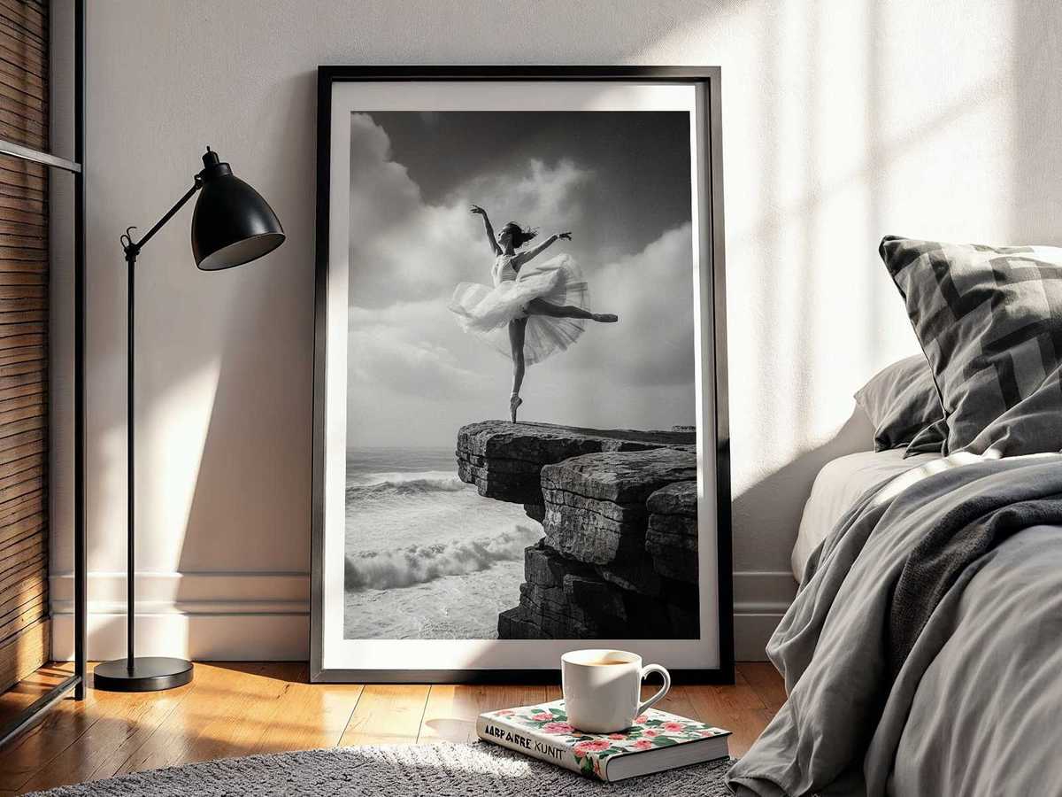 Close composition emphasizing the contrast between the cliff’s rugged textures and the ballerina’s smooth lines mid-motion