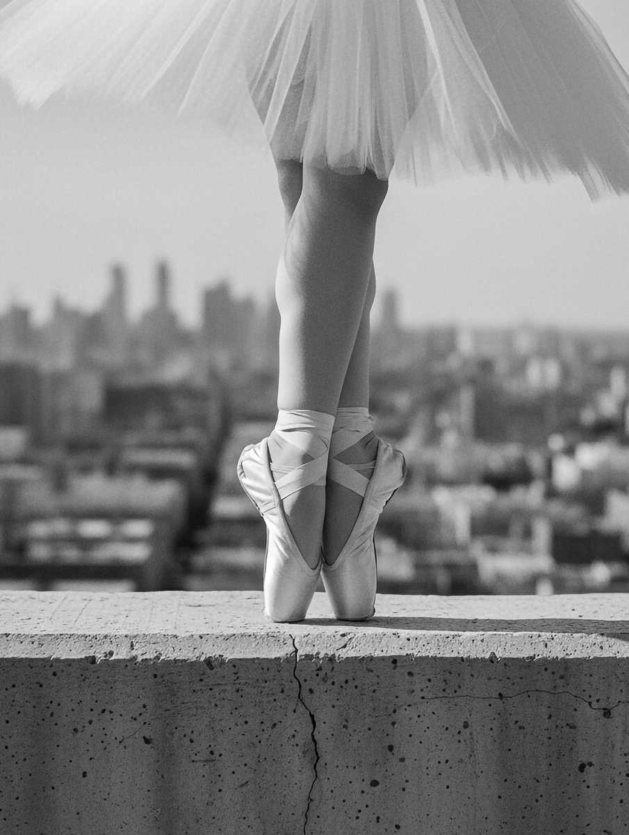 Close-up black-and-white shot of pointe shoes and the dancer's shadow, highlighting texture and high-contrast lines
