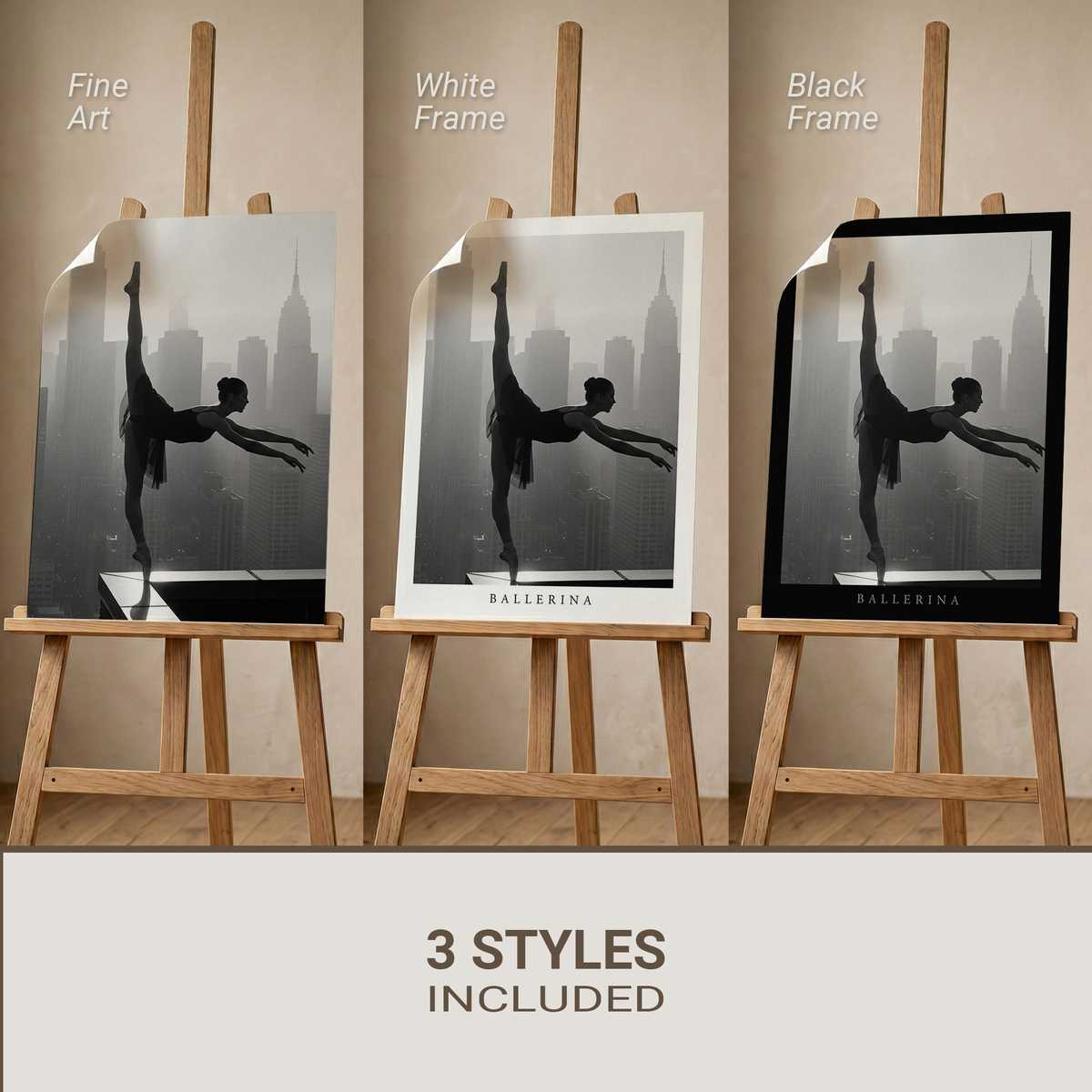 A lone ballerina in profile, sharply lit to emphasize the clean lines of her silhouette against a soft, neutral background