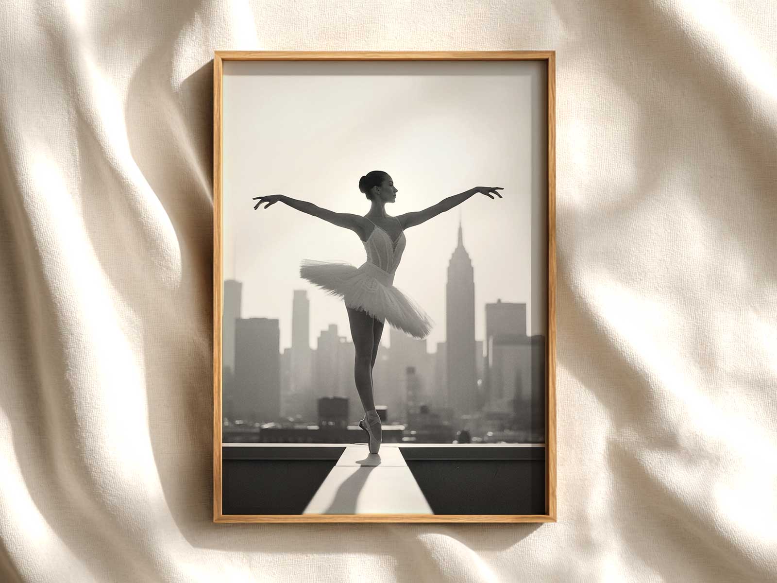 Ballerina illuminated by dawn light in front of a city horizon, blending delicate motion with architectural geometry