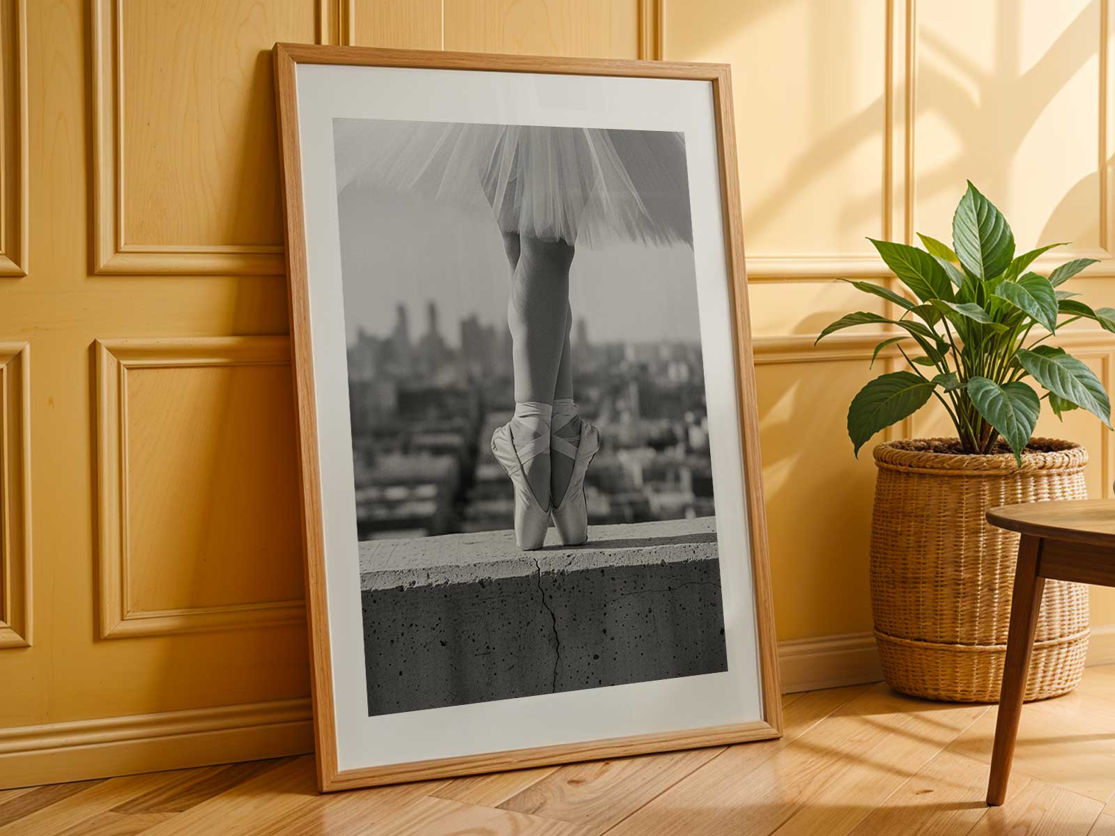 Close-up of a ballerina in plié with delicate lines and soft shadows emphasizing limb contours