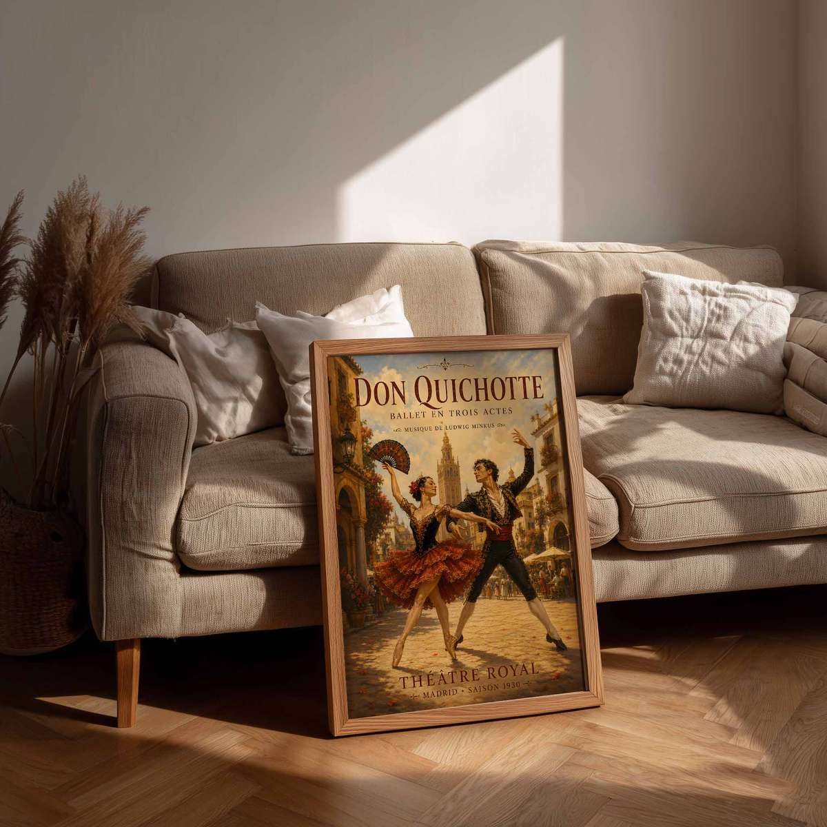 Don Quixote composition styled as wall art and featuring rehearsal-inspired details and graceful silhouettes with French text