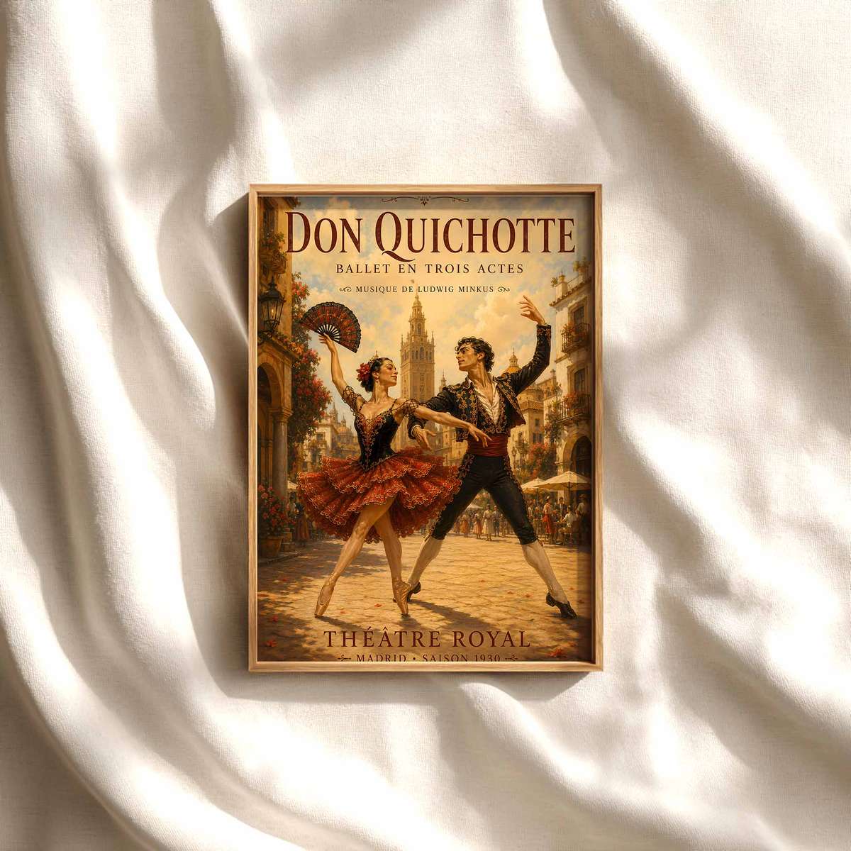 Don Quixote composition styled as wall art and featuring rehearsal-inspired details and graceful silhouettes with French text