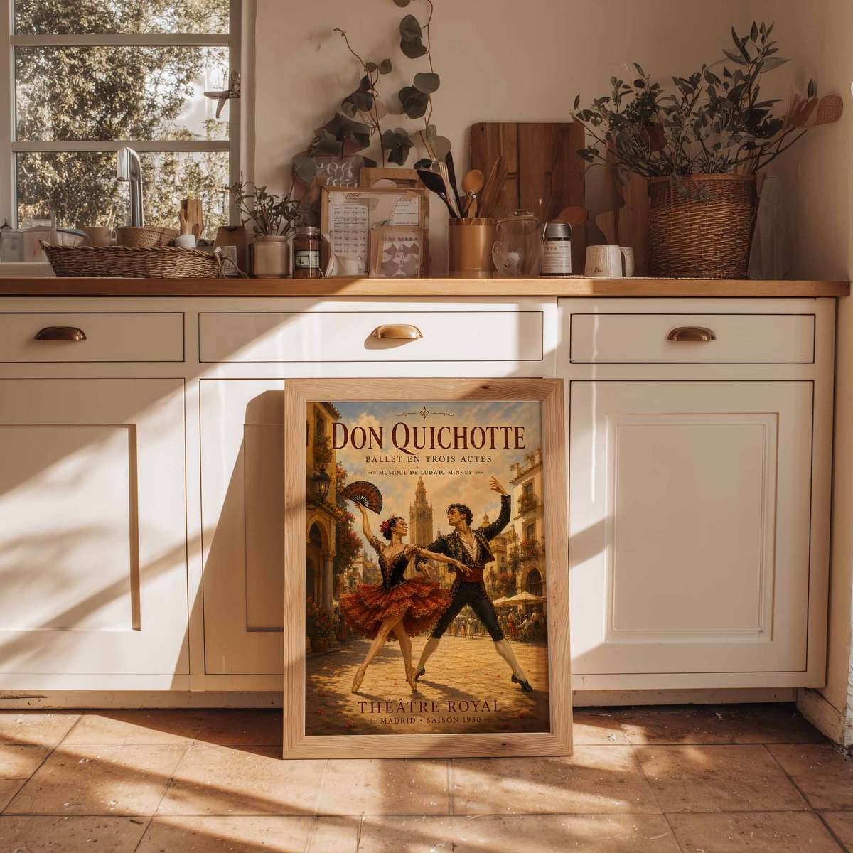 Artistic view of Don Quixote showing rehearsal-inspired details and graceful silhouettes inspired by vintage french text ballet for dance studio decor with French text