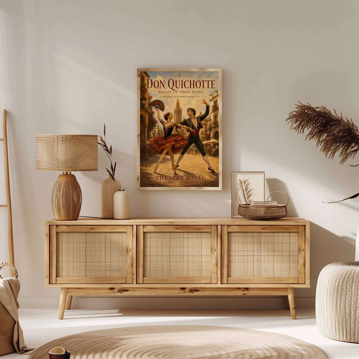 Don Quixote wall art combining rehearsal-inspired details and graceful silhouettes inspired by vintage french text ballet in a expressive composition with French text