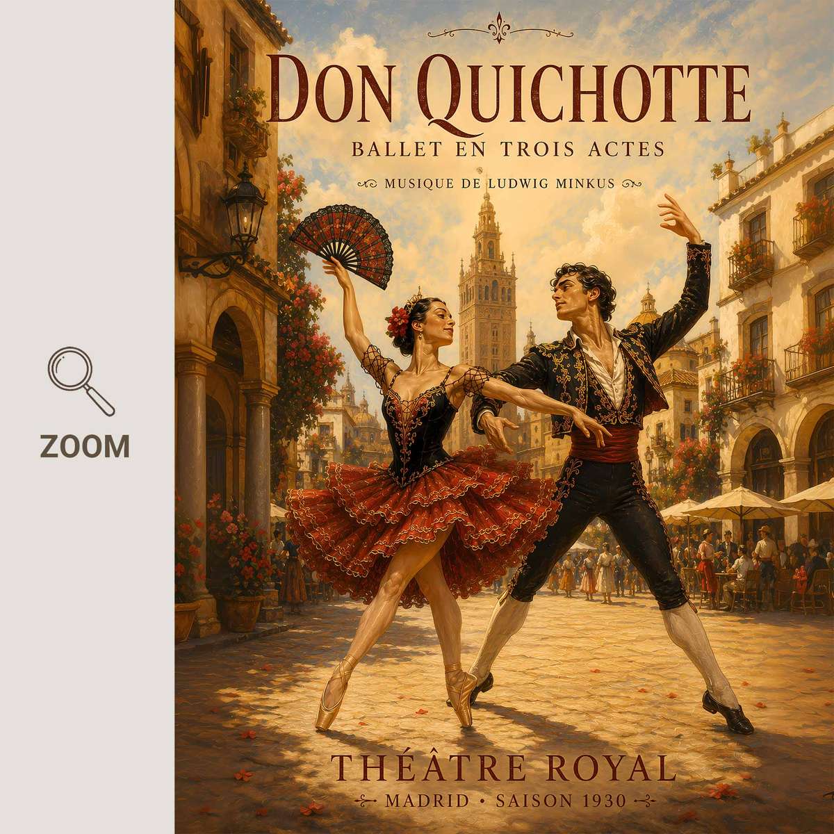 Artistic view of Don Quixote showing expressive posture and refined dance details inspired by vintage french text ballet for dancer's bedroom decor with French text