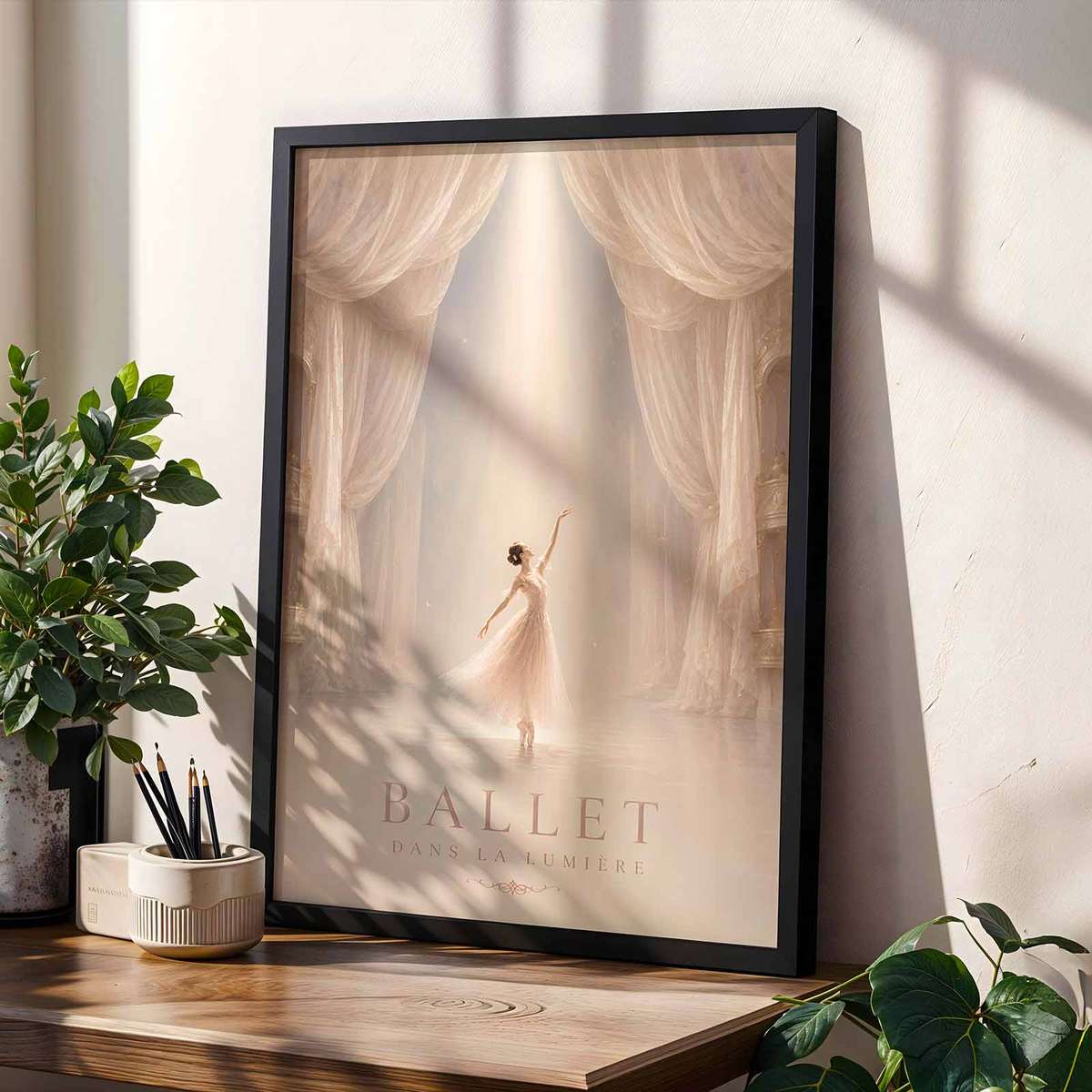 Abstract wall art centered on Ballet Dancer with a theatrical atmosphere with French text