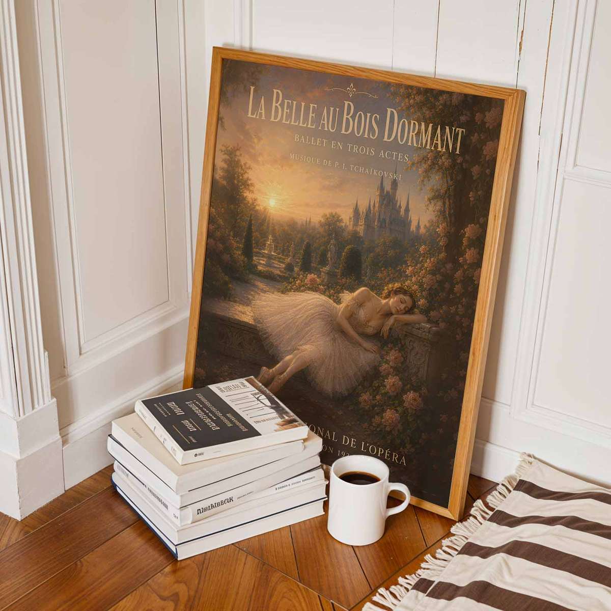 Decorative Sleeping Beauty artwork designed for dance students and rehearsal room decor with French text
