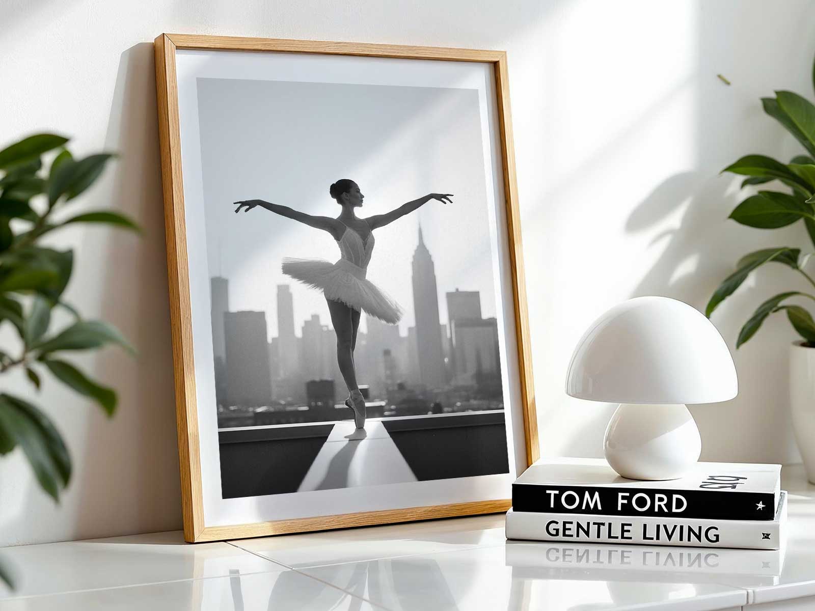 Ballerina standing tall on a rooftop edge with skyscrapers blurred behind, emphasizing upright elegance